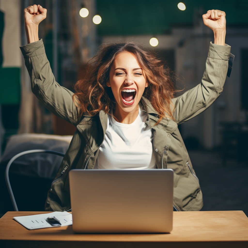Enthousiaste medewerker die achter haar laptop juicht